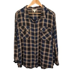4X Navy Tan Plaid Flannel Button Down Tunic Soft Viscose Western Cowgirl Plus Sz